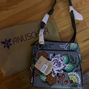 Anuschka Hand Painted Leather Crossbody Bag Gray Floral 7278 - BRAND NEW W/TAGS